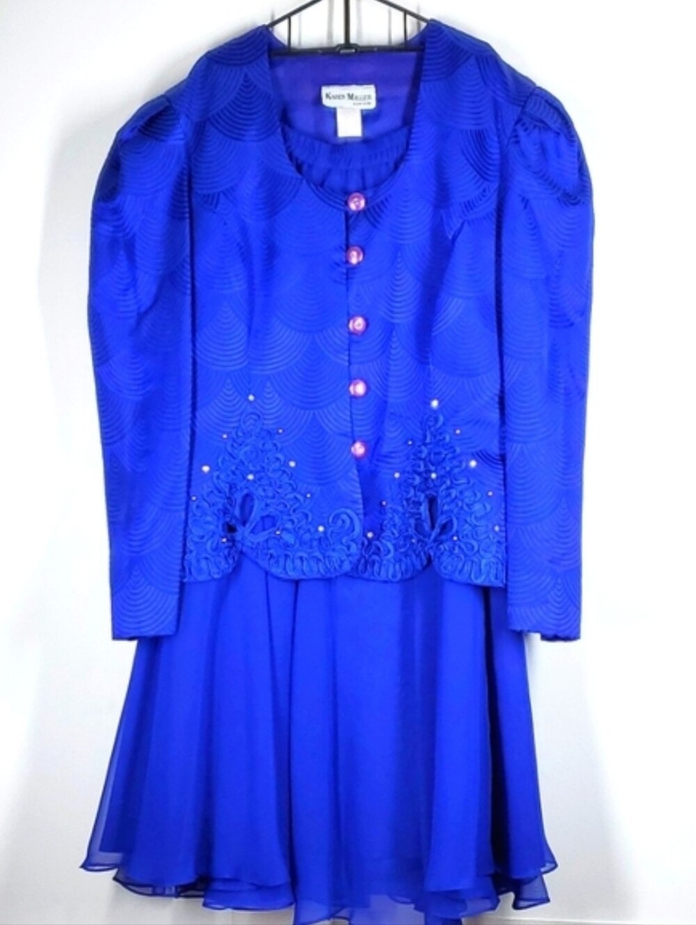 Vintage Karen Miller New York Royal Blue Embellished Skirt Suit Set 12 - Picture 2 of 13